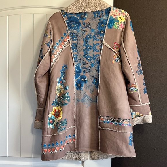Johnny Was Sherpa Coat Faux Suede Steppe Floral Size Small Boho Hippie Pockets - Picture 3 of 13